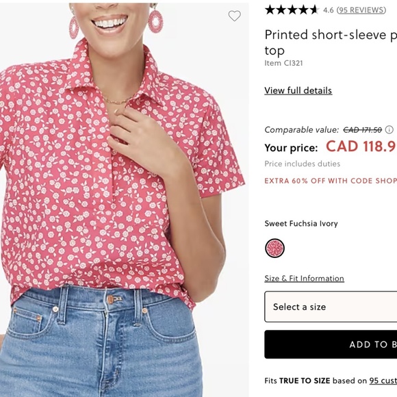 J Crew Factory Printed short-sleeve poplin popover top New with Tags 3X Plus - Picture 2 of 8